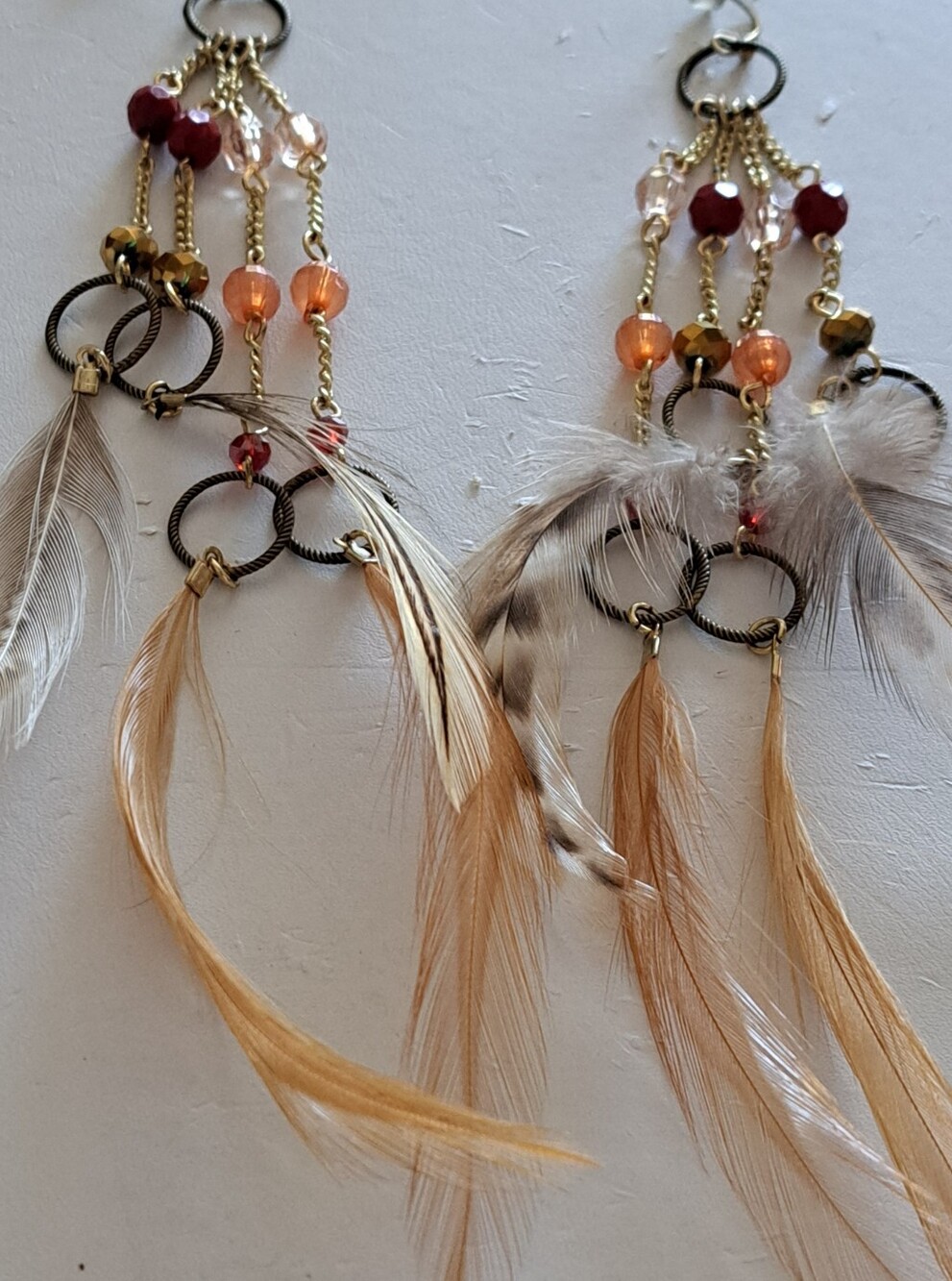 Boho Feather Dangle Earrings in Tan and Gold